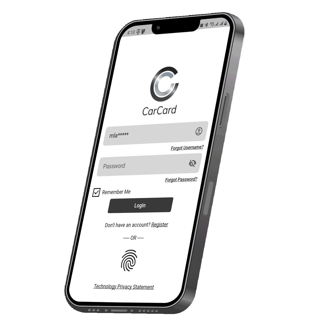 The CarCard app on a phone, alternating between the sign-in screen and a vehicle loan account showing the payment due and a Make Payment button.